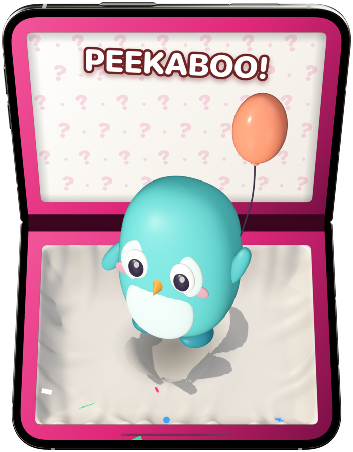 A teal penguin under an orange balloon rising out of the box, with PEEKABOO! in the lid